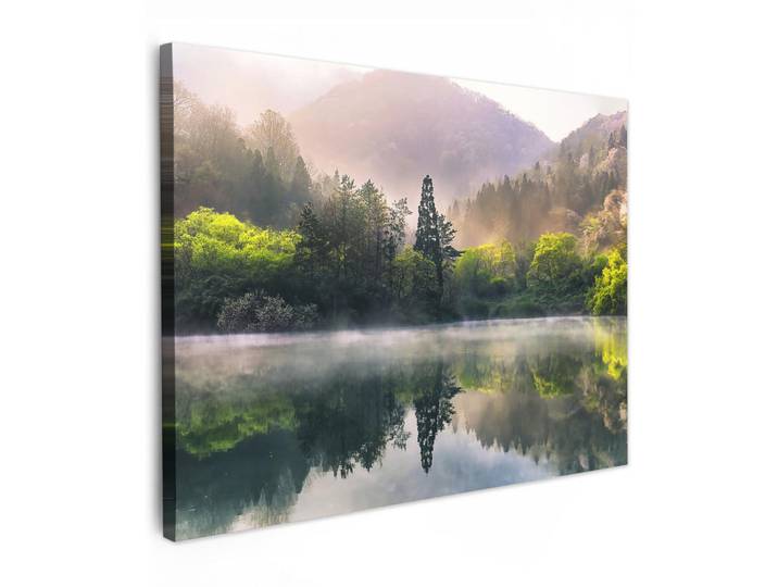 MuchoWow Leinwandbild - Natur - Bäume - Berge - See - Wasser - 80x60 - Malerei, Hellgrün, Textil, Kiefer, Abstrakt, Rechteckig, 80x60 cm, gerahmt, Bilder & Rahmen, Bilder, Wandbilder