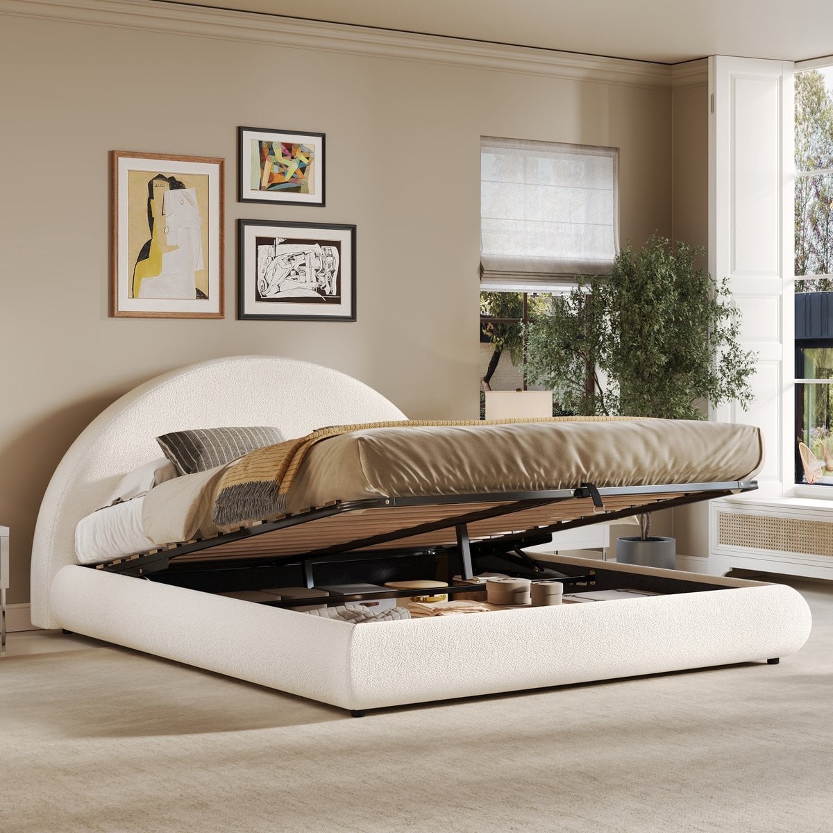 Polsterbed Doppelbett 160x200 cm - Hydraulisch opbergbed met lattenrooster en gewatteerd hoofdbord - Wit Bouclé