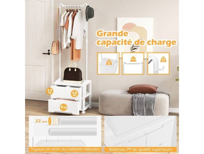 Design compact blanc portant à vêtements avec 3 tiroirs et roulettes penderie de rangement pour chambre entrée