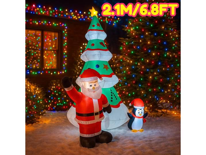 Décorations de noël gonflables de 2.1M/6,8 pieds, arbre du père noël, pingouin, ornements de cour de maison avec LED, jouet de décoration de fête de noël