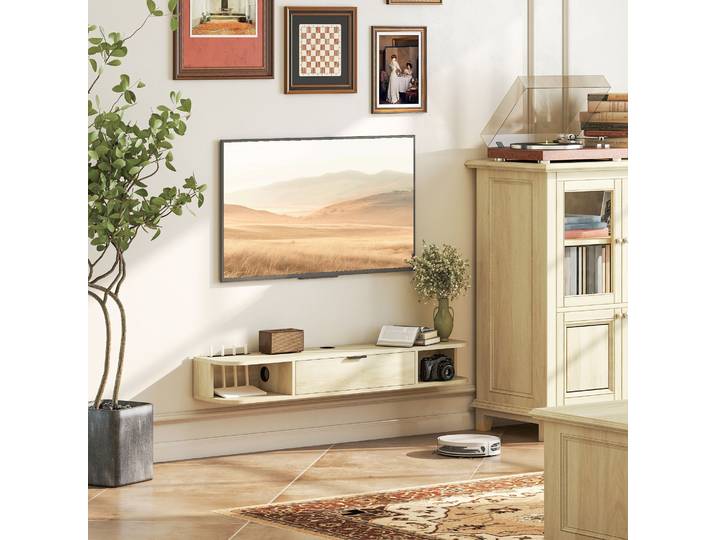 HOMCOM Meuble TV Suspendu Bois Naturel avec Tiroir et Étagères