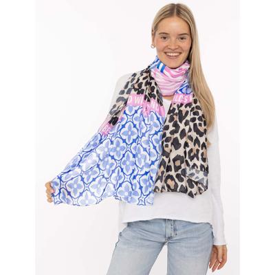 Schal ZWILLINGSHERZ "Zitronen Mosaik ", Damen, blau, Web, Obermaterial: 80% Polyester, 20% Viskose, Modetücher Schal, farbenfrohes Muster mit Zitronen, Schriftzug