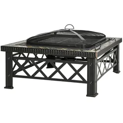 MODFU Feuerschale Stahl Schwarz 76x76x47 cm mit Funkenschutzdeckel, Grillrost und quadratischer Form