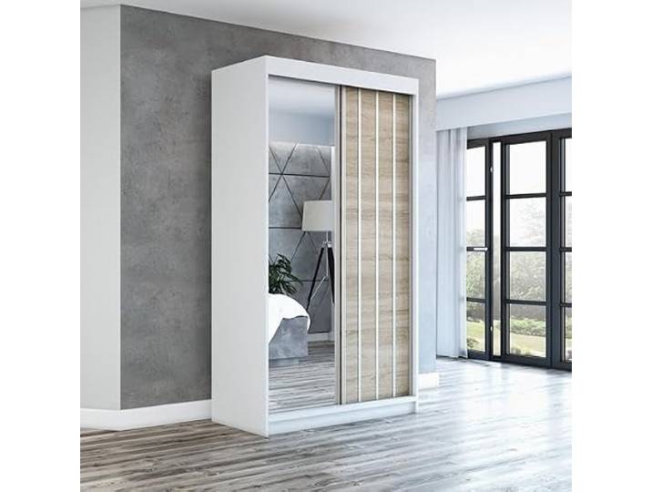 A&J MöbelLand Schwebetürenschrank VIGO 2-türig mit Spiegel, Kleiderschrank 120 cm (Weiß)