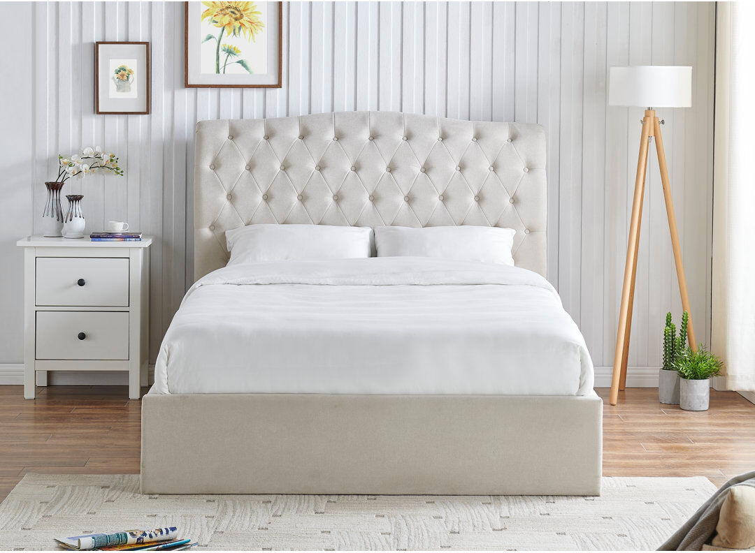 Three Posts Campbell Upholstered Lift Up Storage Ottoman Bed Natural Double (4'6)