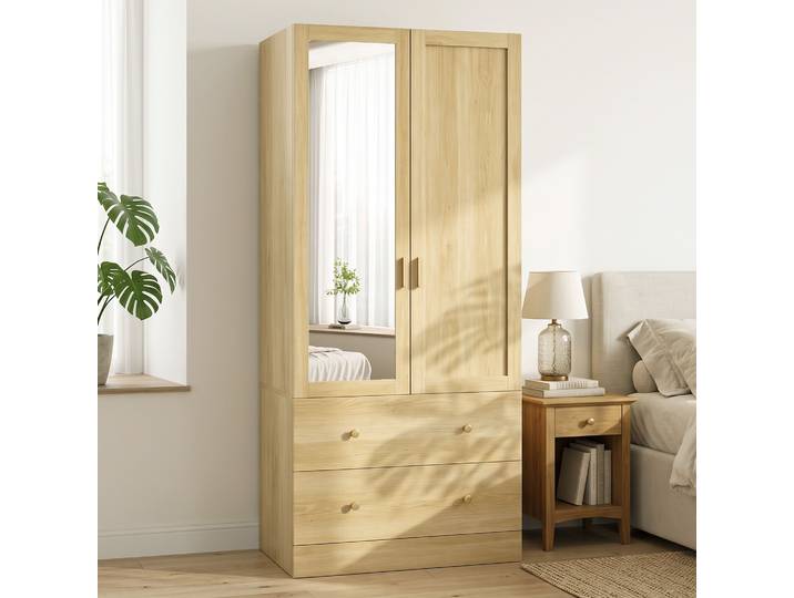 HOMCOM Armoire Chambre Chêne 2 Portes Miroir 80x50x180cm
