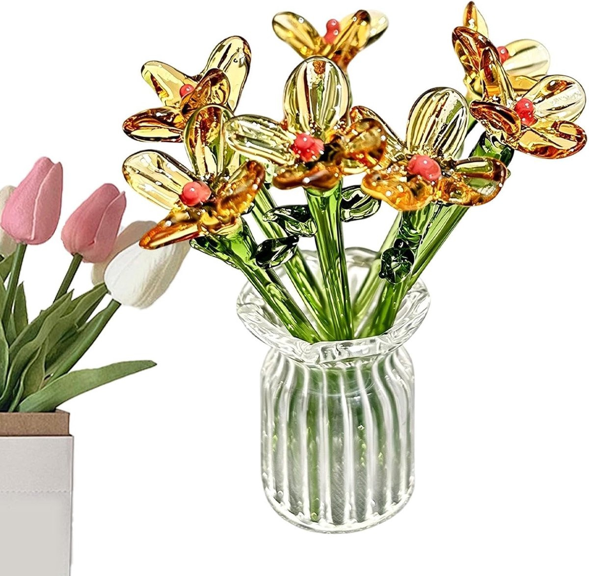 Set van 7 handgeblazen glazen mini vaasjes voor bloemendecoratie - Helder