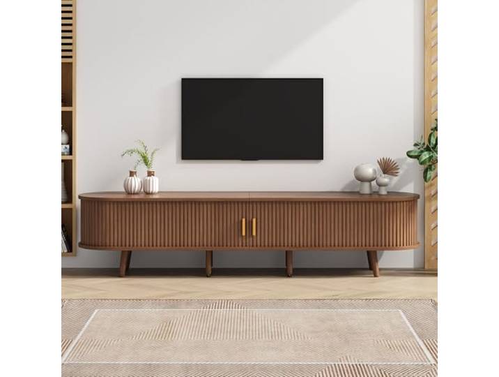 Ropilly TV Schrank Walnuss 170cm, Lowboard für 75 Zoll Fernseher Ovaler TV‑Schrank mit Schiebetüren und 2 Schubladen, MDF-Holzmaserung, 8 Massivholzbeine bis 30 kg.
