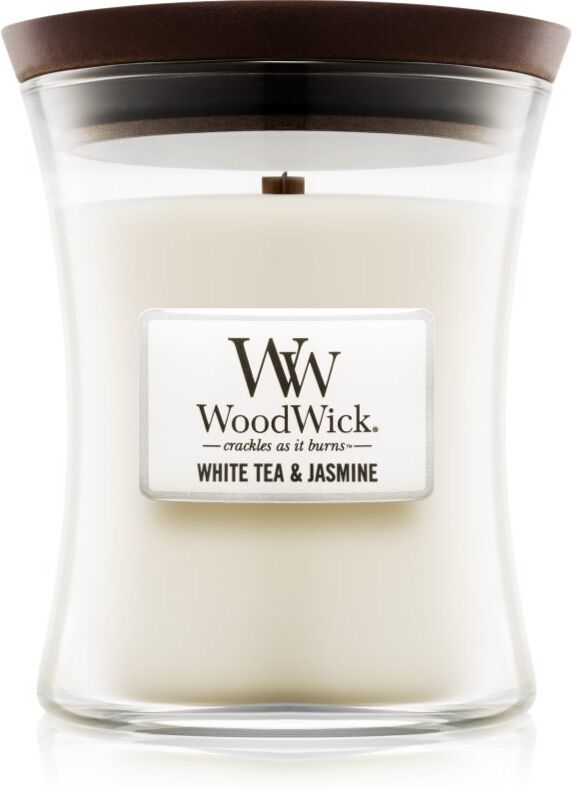 Woodwick White Tea & Jasmine scented candle with wooden wick 275 g