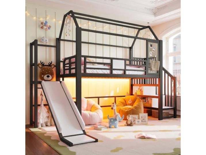 FAVSH Hausbett 90x200 cm, Hochbett mit Rutsche, Treppe Stauraum-Bluetooth-Gesteuerter LED-Beleuchtung, für Kinder und Jugendlich, ohne Matratze, Schwarz