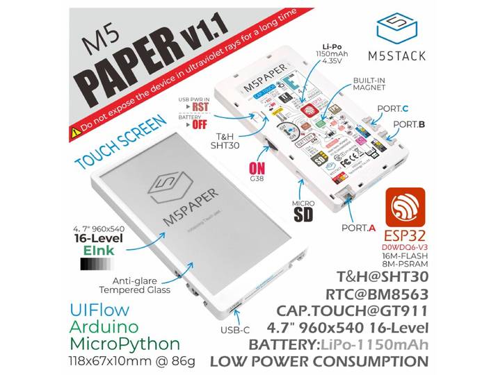 Carte de développement ESP32 avec écran tactile électronique E-Ink de 4,7 pouces M5PaperV1.1 officielle M5Stack
