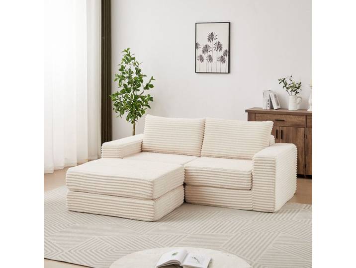 Canapé-lit 2 places - FUNMOON - Funmoon - Velours côtelé beige - Repose-pieds amovible - Modulable