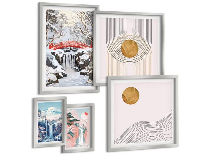 BILDER SET 5er Set - 50x50 cm & 20x30 cm & 40x60 cm Silberner Rahmen - Sommerliche Strandansichten in Pastellfarben