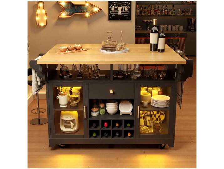 HOMVRA Servierwagen cuisine avec LED table rabattable double rangements réglables meuble noir 95 cm