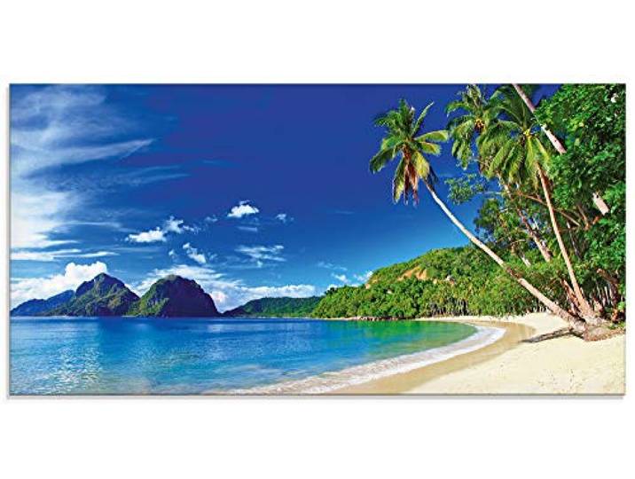 ARTland Wanddeko Glasbilder Wandbild Glas Bild einteilig 100x50 cm Querformat Karibik Strand Südsee Palmen Sand Insel Himmel Natur Sommer Urlaub S9HV