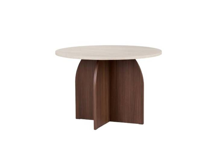 Eleganter Esstisch, 110 cm, Travertin & Mailänder Nussbaum, 25 mm melaminbeschichtete Spanplatte Zerlegt, nur für den Innenbereich geeignet Stilvolles und funktionales Design für moderne Wohnungen