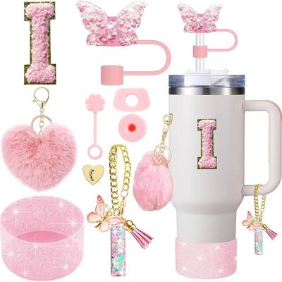 Inspire Select 9pcs Stanley Cup Accessories Set Silicone Boot, Butterfly Straw Cover, Spill Proof Stopper & Initial Charm Kit i Heart Pink 9pcs