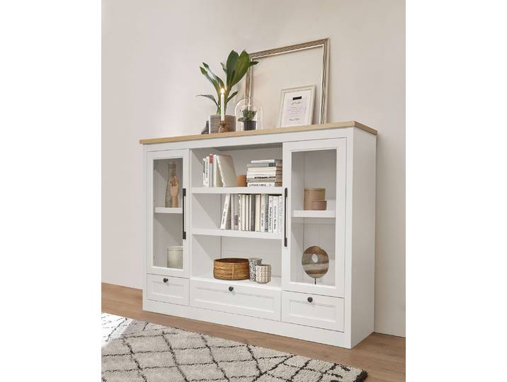 Highboard GOODPRODUCT Ismund , transparent (weiß, naturfarben), B:159cm H:121cm T:39cm, Holzwerkstoff, Sideboards, Highboard, aus MDF, mit Holz-Zierleiste, schwarzen Metallgriffen, Höhe 121 cm