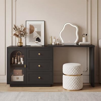 Sunvivi Extendable Corner Vanity 1 Door Makeup Table Without Mirror