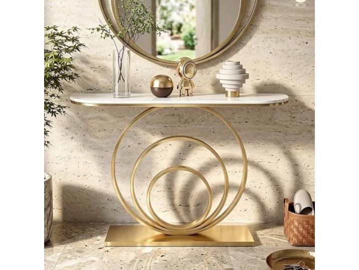 Konsolentisch Schmal mit Sintersteinplatte und Rundem Metallgestell Konsolentisch mit Sintersteinplatte, modernem runden Metallgestell mit Drei-Ring-Design und platzsparendem Design für Flur