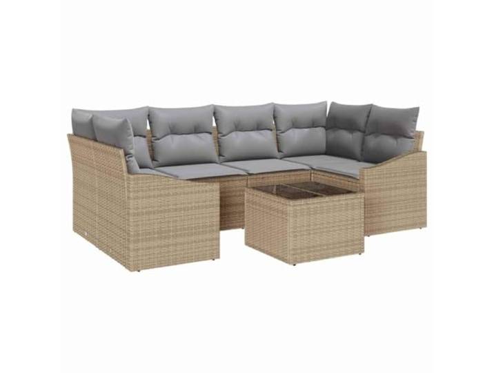 ZQQLVOO Sofa Set 7 STK. Beige und Grau Poly-Rattan Modulares Design, Ecksitze, Mittelsitze, Armsofas, Tisch mit Glasplatte, Stahlrahmen, versteckte Fächer