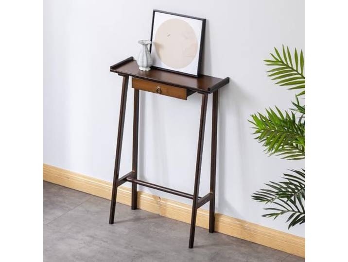 LJWFZBD Schmaler Bambus‑Konsolentisch mit Schublade für Flur, Eingang Natürlicher Bambus, Platzsparendes Design, Integrierte Schublade, Stabile Schrägbeine(Dark Walnut,23.62 (60cm))