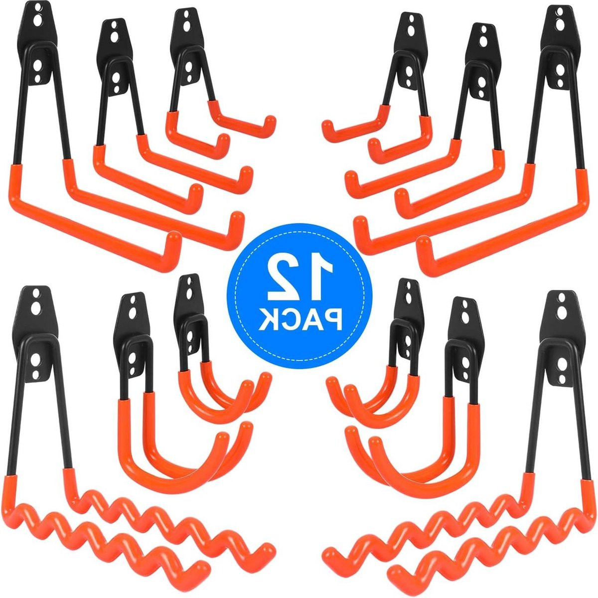 Heavy Duty Steel Double Garage Hooks 12 stuks met opbergriem - Fietsenrek en gereedschapsorganizer voor grote voorwerpen