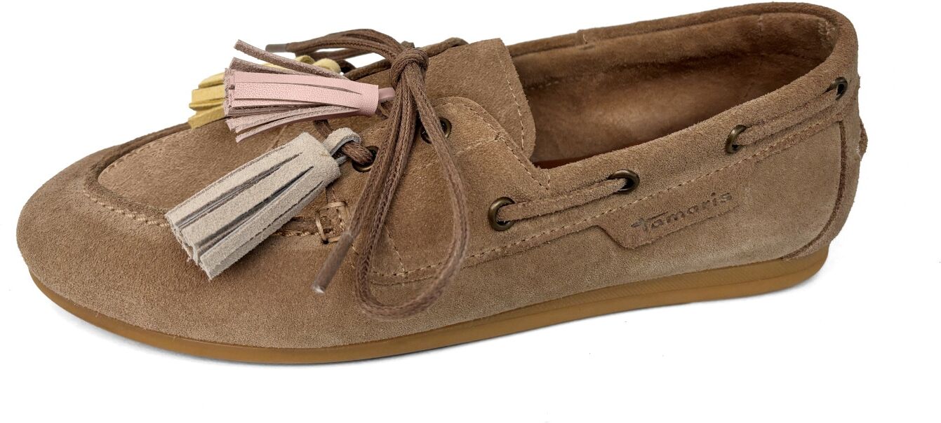 Bootsschuh TAMARIS, Damen, Gr. 38, Leder, taupe, Veloursleder, Schuhe Bootsschuh, Slipper, Schlupfschuh, mit farbigen Quasten taupe 38, Leder