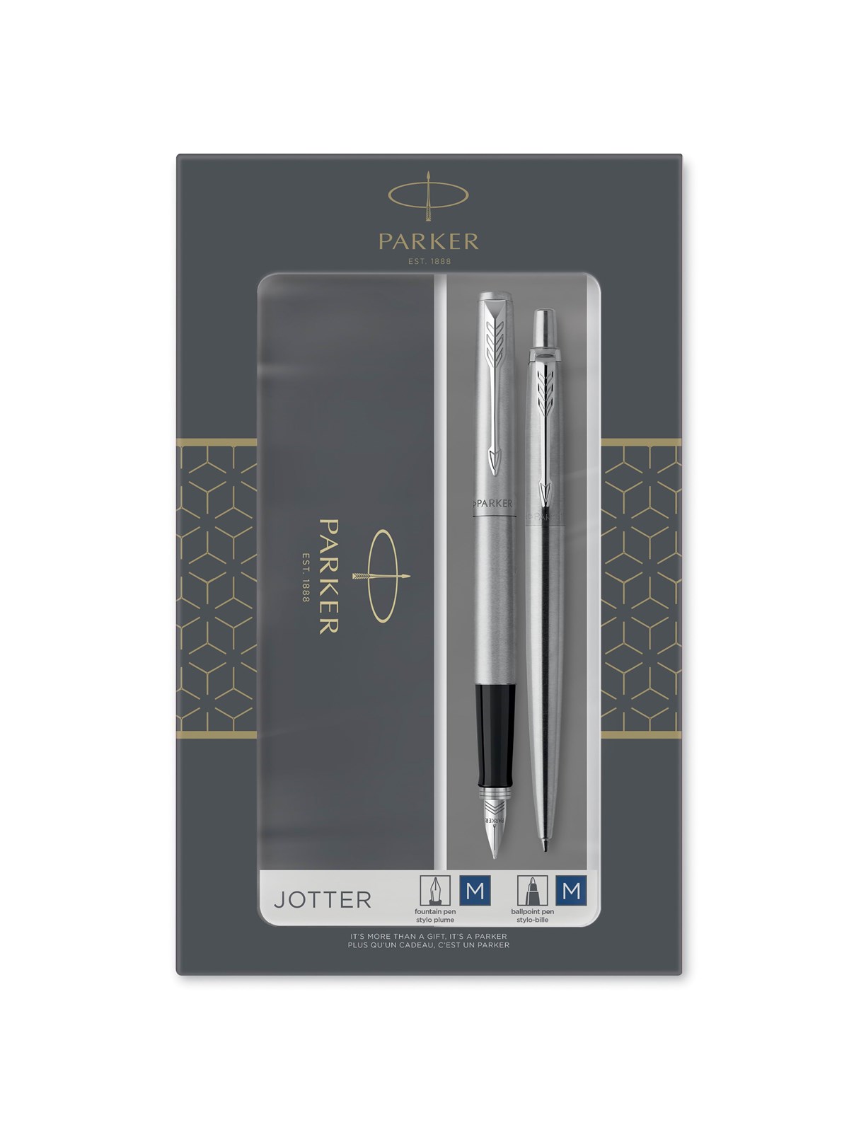 Parker Jotter Duo-Geschenkset mit Kugelschreiber und Füller | Edelstahl mit Chromzierteilen | Nachfüllmine und -patronen mit blauer Tinte | Geschenkbox