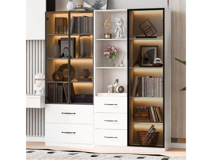 Vitrine Bibliotheque LED Blanche Meuble Design FloraGrace Pour Salon Rangement Modulable 140x40x160cm