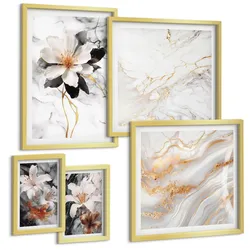 BILDER SET 5er Set - 50x50 cm & 20x30 cm & 40x60 cm Goldrahmen - Bilder mit blau-goldenen Mustern