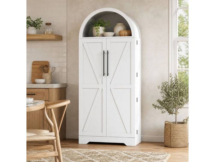 Vitrine buffet haut blanc 70x40x165 cm en MDF avec arche portes doubles et rangement cuisine JOINERY