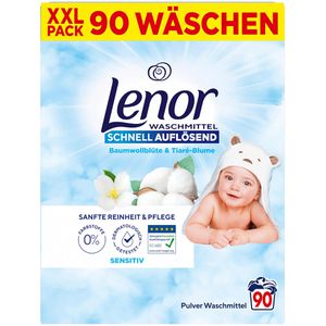 Lenor Waschmittel Sensitiv Baumwollblüte & Tiaré-Blume, Pulver, schnell auflösend, 4,95 kg, Waschladungen 90