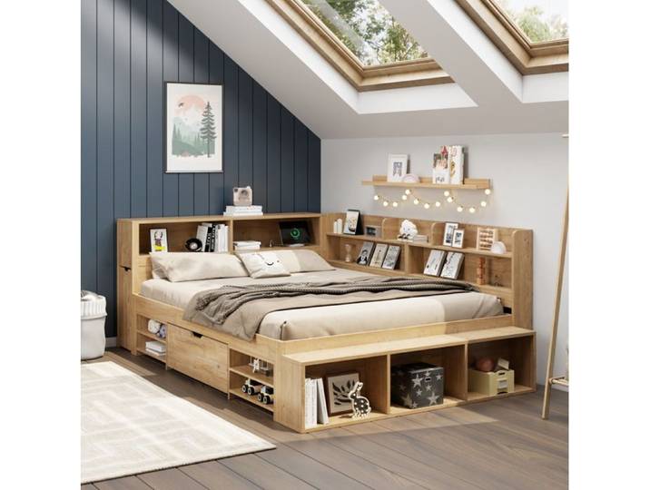 Lit Combiné 2 Places 140×200 cm Rangement Tiroir et Recharge Sans Fil - YEAVIO - Sans Matelas Contreplaqué - Naturel