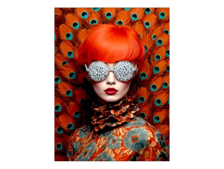 Glasbild Bling Bling Lady Floatglas Orange/Türkis/Grau 60 x 80 x 1cm
