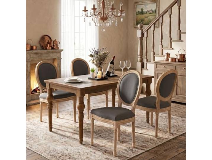 SoarFlash Französische Esszimmerstühle, 4er-Set, Retro-Stil, runde Lehne aus Leinen, Holzbeine, ländlich-kampagnardischer Look, geeignet für Küche und Schlafzimmer, Dunkelgrau