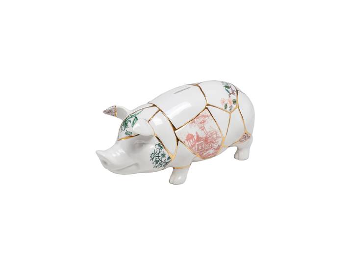 Grosses Design Sparschwein „Kintsugi“ aus Porzellan mit Golddekor verziert Multicolor Seletti
