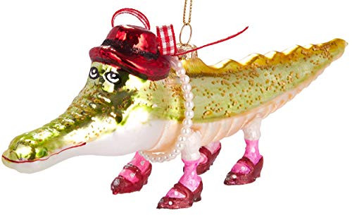 BRUBAKER Grappige Krokodil met Hoed en Schoenen - Handbeschilderde Kerstbal van Glas - Kerstboomversiering 20 cm