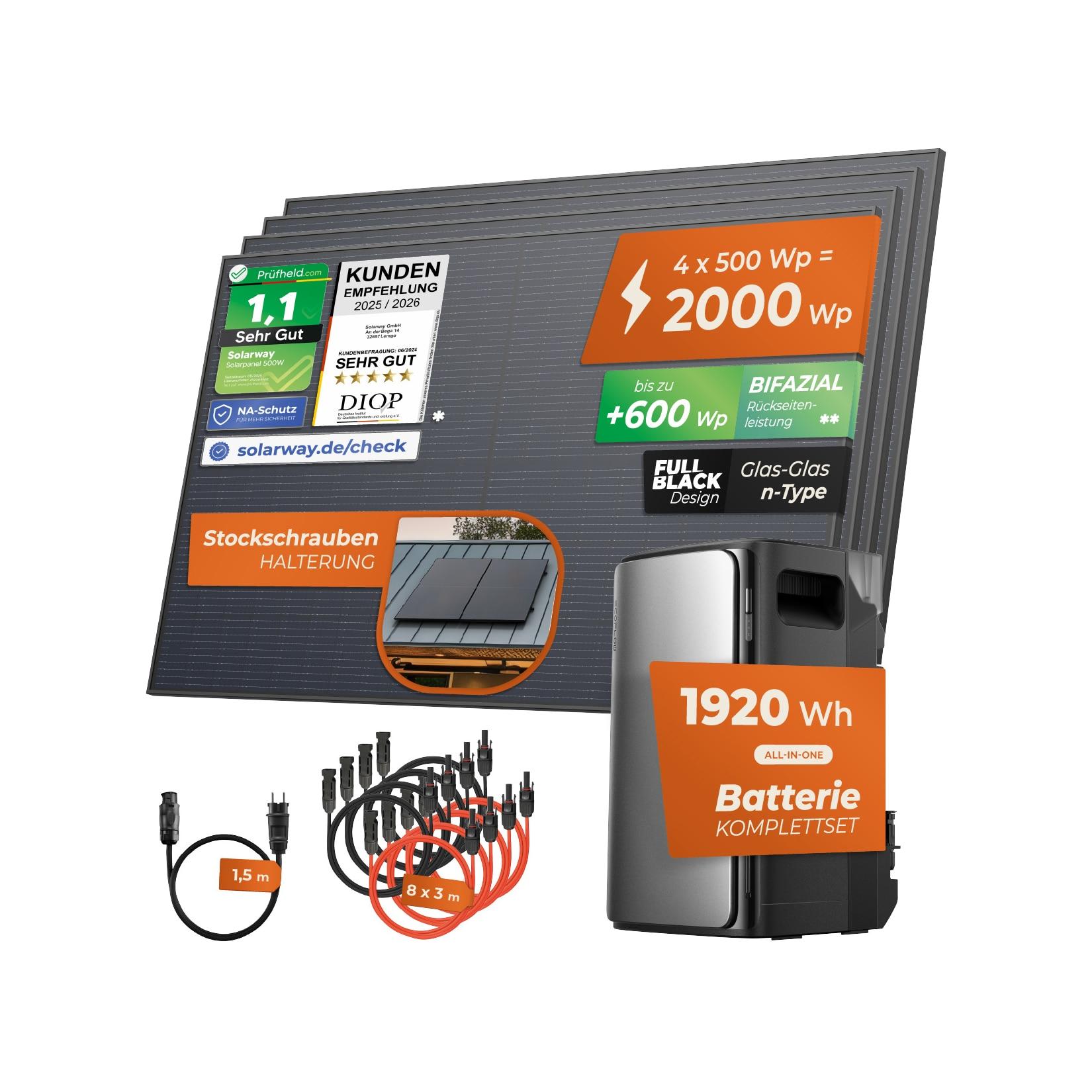 Solarway® 2000Wp / 800W Balkonkraftwerk mit 1,9kWh Speicher komplett Steckdose - 1,9 kWh EcoFlow STREAM Ultra - Solaranlage Komplettset - 500W Solarmodule & EcoFlow Speicher & Zubehör