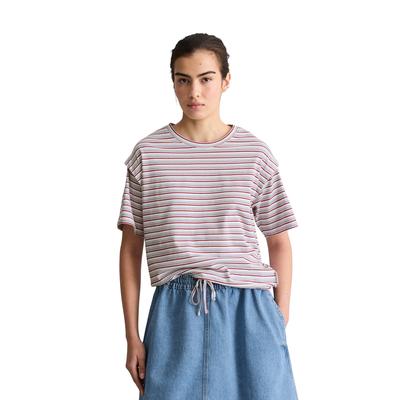 T-Shirt MARC O'POLO DENIM "mit Tunnelzug am Saum", Damen, Gr. S, bunt (weiß), Obermaterial: 100% Baumwolle, gestreift, Basic, relaxed fit, Rundhals, normaler Saum, Shirts T-Shirt