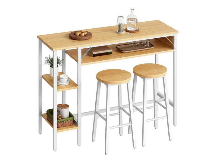 LuxusKollektion Bartisch Bartisch-Set 2 Personen 2 Hocker 3 Ablagen Weiß Natur (1-St)