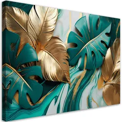 LEINWANDBILD Monstera Leaves Gold Türkis Marmor 90x60cm