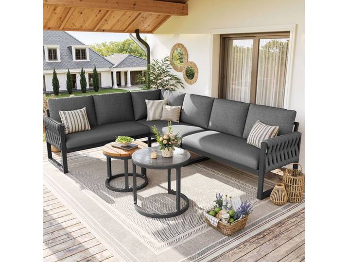 WOVREO salon de jardin modulable 5-6 personnes avec canape d angle coussins deperlants Olefin gris et 2 tables