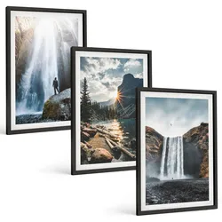 BILDER SET 3er Set - 40x60 cm Schwarzer Rahmen - Wasserfälle, Berge, Landschaften, Natur
