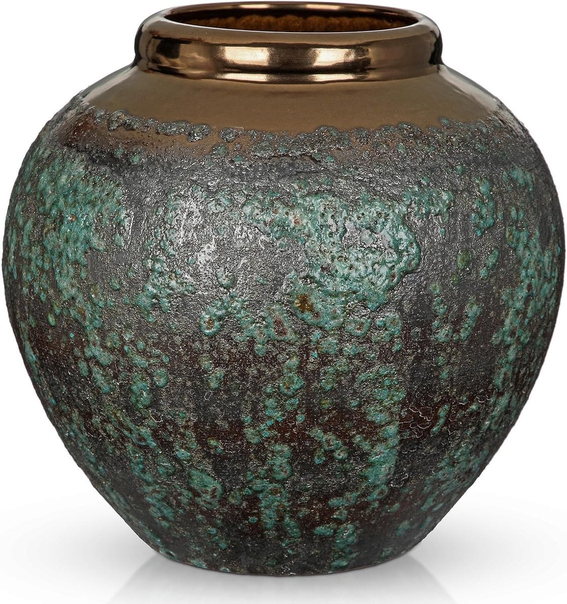 SnelShoppen Vintage Terracotta Bloemenvase - Rustieke Keramische Vaas met Brede Bronzen Opening - 21 cm