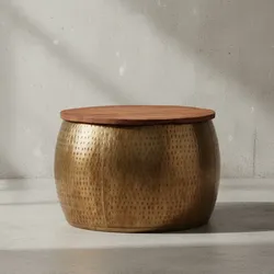 KADIMA DESIGN Moderner Couchtisch "Aurora" aus Massivholz, Braun/Gold, mit elegantem Design und Stauraum