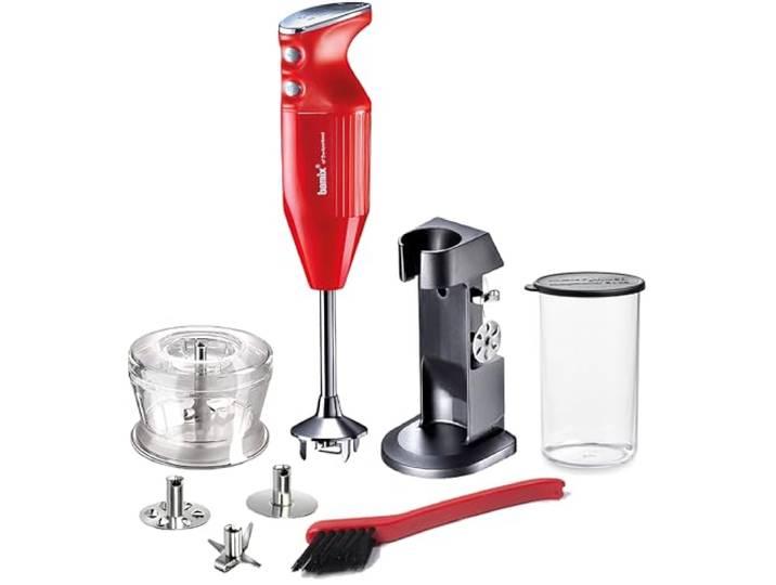 bamix Stabmixer Set M200 Chef's favorite inkl. Ständer, 1 Becher, 3 Aufsteckteile, Hacker, Reinigungsbürste, 200 Watt, Made in Switzerland, Rot/Chrom