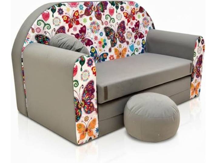 All4All Kinder Klappsofa 3in1 Velo – Faltbares Mini Sofa mit Pouf – Weiches Schaumstoff Sofa zum Sitzen, Spielen & Schlafen – Abnehmbarer Bezug – Platzsparend – Oeko-TEX (A33 Grau + Schmetterling)