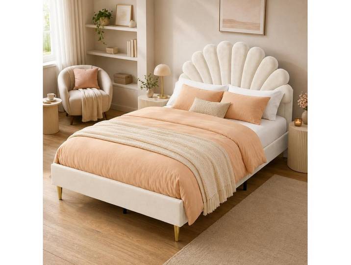 Simurq Polsterbett Kinderbett Mädchen 140x200cm, Kopfteil in Blumenform Muschelform, Doppelbett Gepolstertes Bettgestell mit Lattenrost,Samt