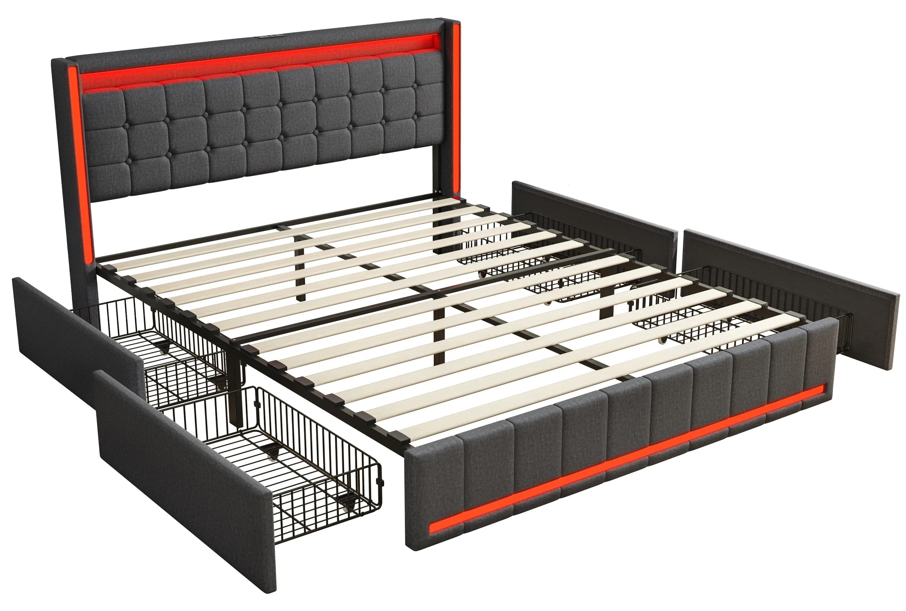 Polster-Doppelbett - 140 x 200 cm - 4 Bettkästen - Gepolstertes Kopfteil - Lattenrost - Samt - Dunkelgrau